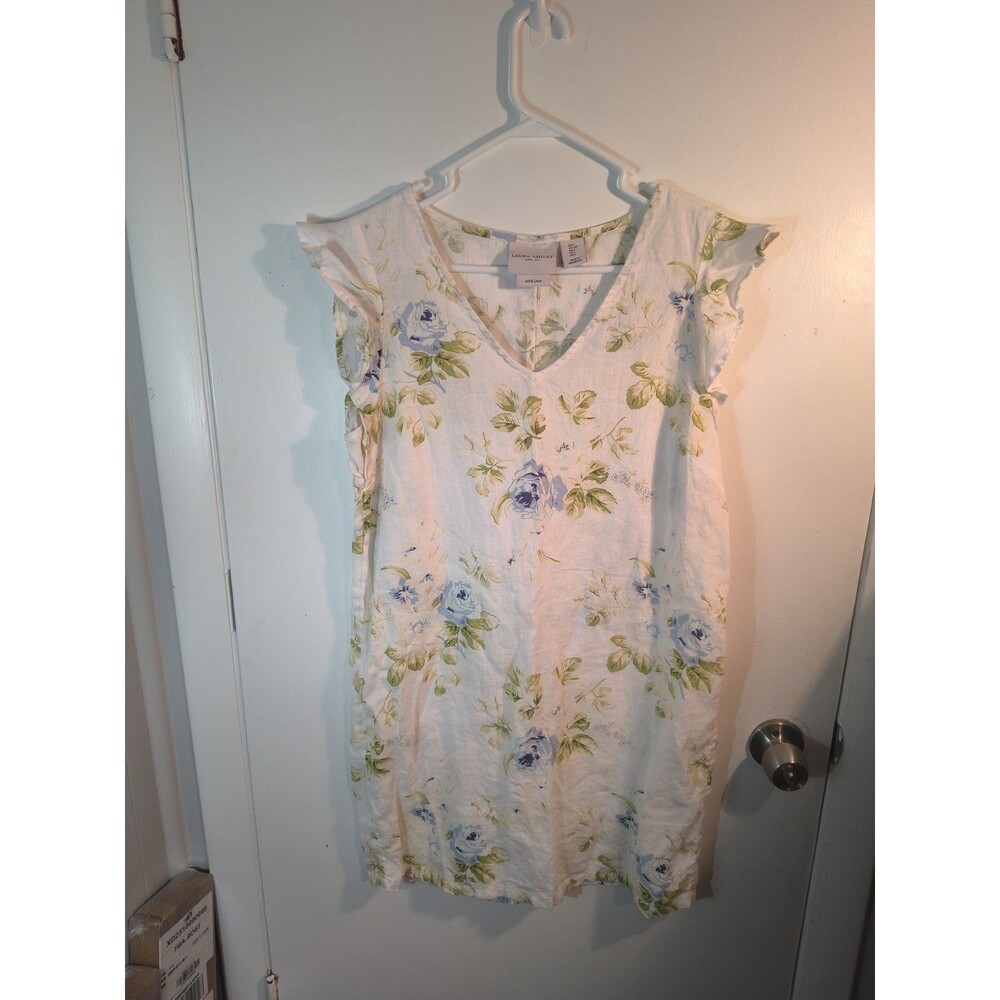 Laura Ashley 100% Linen Floral Shift Dress White Blue Rose Ruffle Sleeve Small S